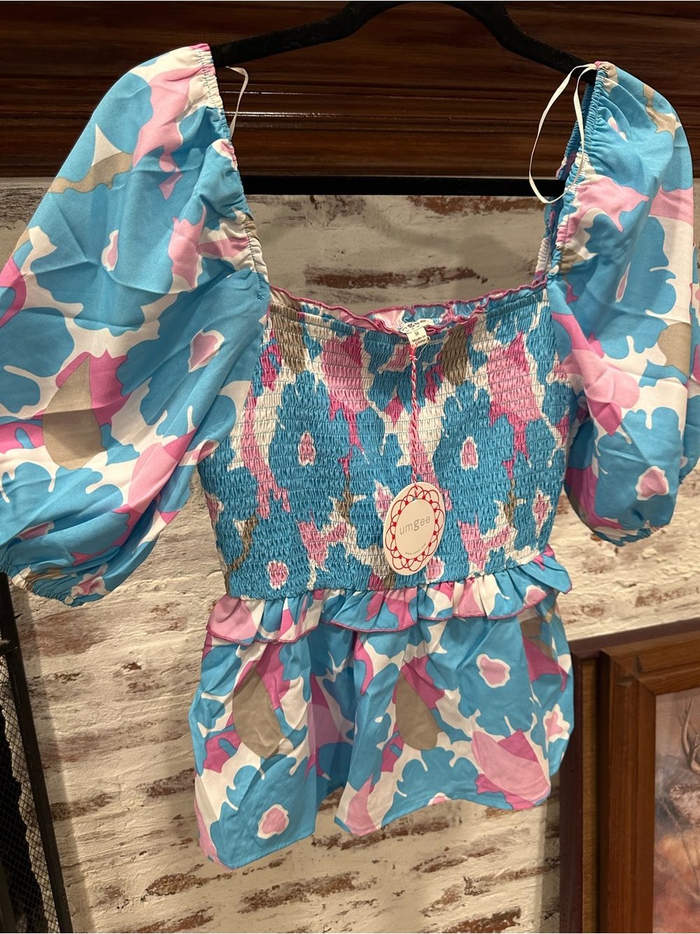 Umgee Blue and Pink Floral Smocked Top with Ruffle Trim